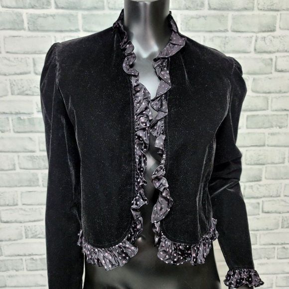 Vintage 70s Velour Open Front Jacket Floral Ruffle Trim Gothic Victorian - Picture 2 of 8